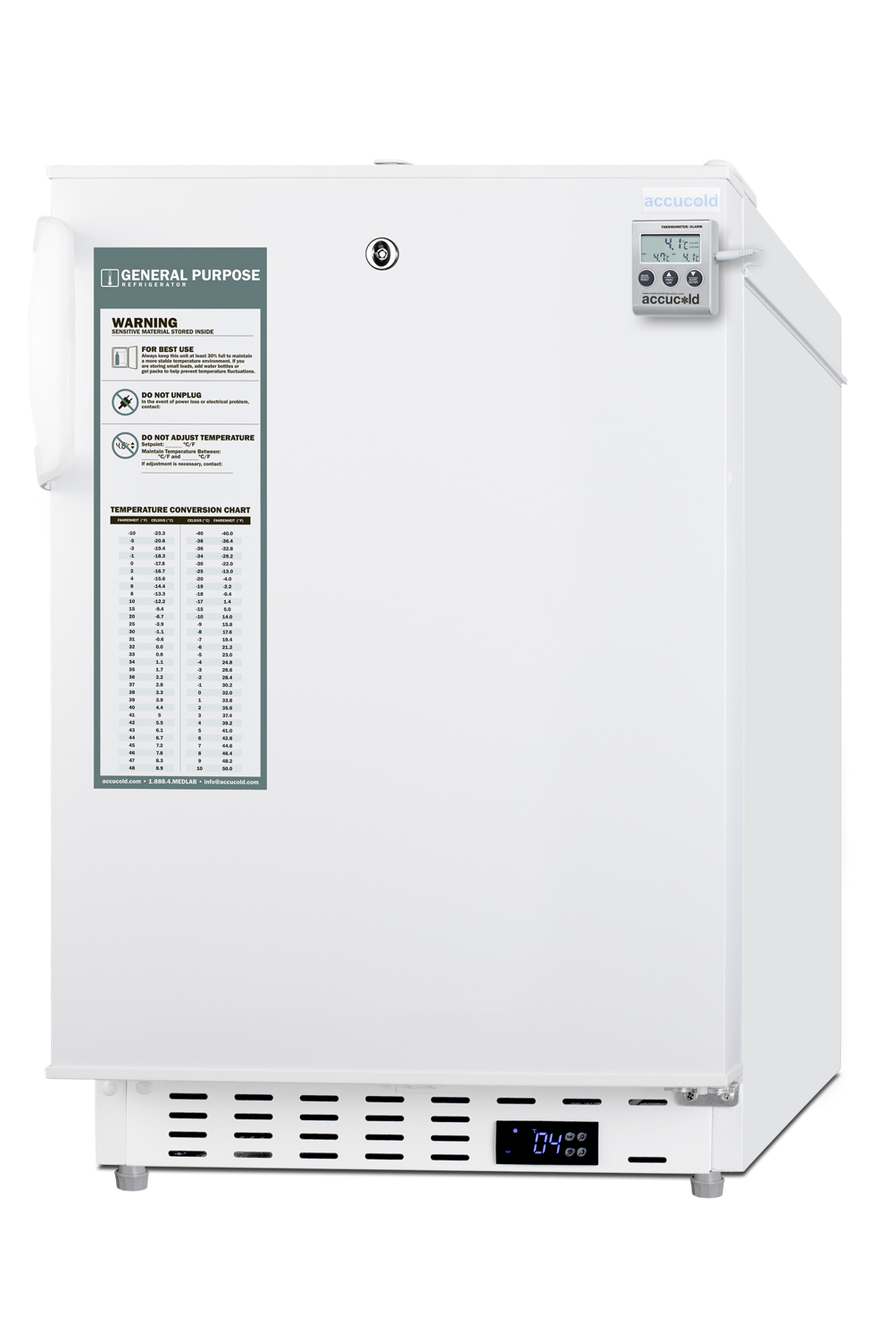 Built-in undercounter ADA compliant +2 C to +8 C commercially approved with lock, digital controls, wire shelving, hospital cord with 'green dot' plug, digital thermometer with alarm, and automatic defrost operation